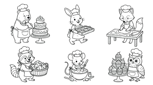 Cute animal chefs coloring page set, 6 cartoon forest animals baking bread and cakes, black and white outline vector illustrations for kids activity