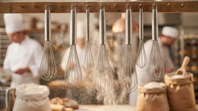 Professional bakery kitchen with stainless steel whisks hanging in foreground.