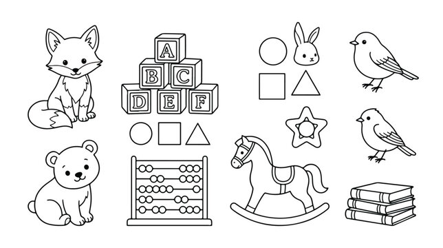 Nursery coloring book vector set, cute baby animals and educational toys line art, preschool learning activity elements for kids