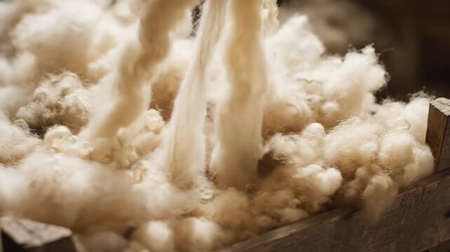 Hand reaching into a pile of raw sheep wool inside a rustic wooden crate