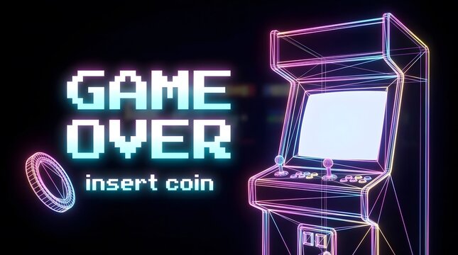Retro arcade machine with neon game over text and insert coin