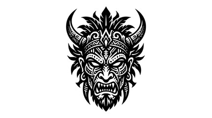 Fototapeta premium Intricate tribal warrior mask with horns and feathers, isolated on a transparent background. Perfect for tattoo art.
