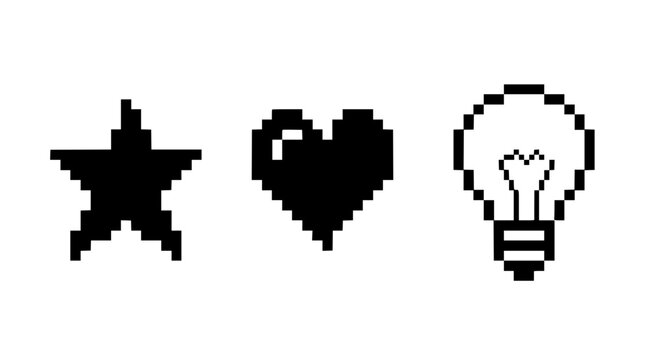 Pixel art star heart and lightbulb icons, isolated on a transparent background. Perfect for retro gaming projects.