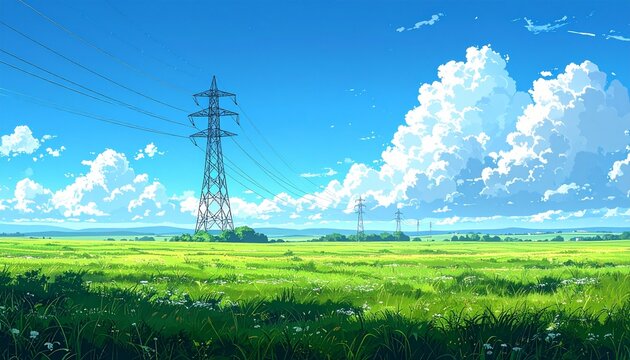 鉄塔青空草原風景背景素材