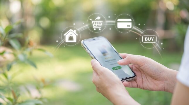 Person holding a smartphone with digital overlay of a house shopping cart credit card and buy button against a blurred green garden background