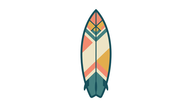 Colorful surfboard with geometric design.