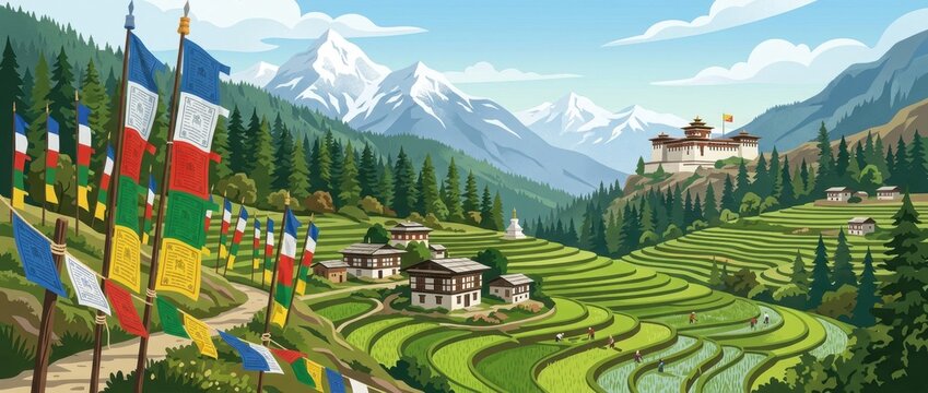 Bhutanese mountain landscape with prayer flags and rice terraces