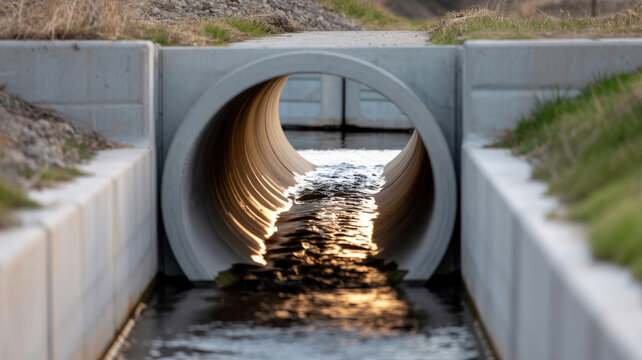 Water flowing through a large concrete culvert pipe under a path reflecting golden sunlight creating ripples and movement in the water with green grass