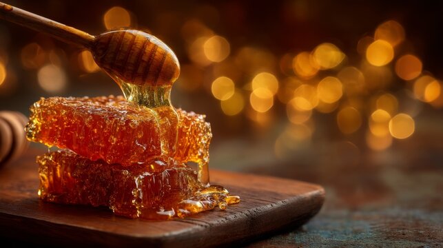 Golden Honey Dripping from Wooden Spoon on Glowing Background with Honeycomb and Rustic Cutting Board, Perfect for Natural Sweetener and Culinary Themes