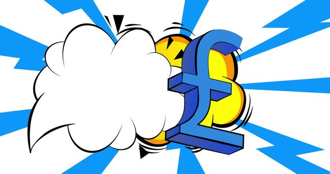Cartoon English Pound Sign with blank speech bubble, comic book financial video. Retro comics pop art animation.