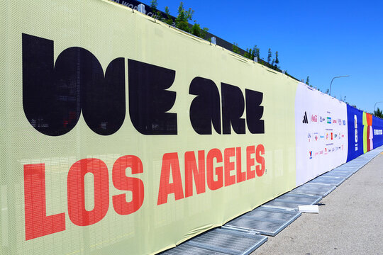 Inglewood, Los Angeles County, California &ndash; June 9, 2026: FIFA World Cup 2026 event branding displayed outside SoFi Stadium in Inglewood, California 