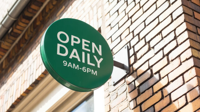 Green open daily sign on brick building with white letters