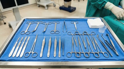 Obraz premium A surgical tray is arranged on a blue tray table, displaying a variety of surgical instruments. A surgical scrub is visible in the background, wearing protective attire.