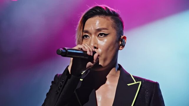 Asian modern rock singer performing with handheld microphone under magenta cyan stage haze, asymmetrical undercut hair, sharp eyeliner, black blazer with neon trim, powerful close concert portrait