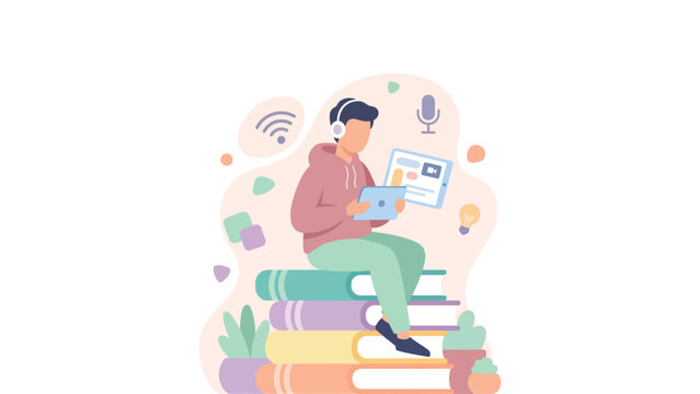 Person studying online on a laptop while sitting on a stack of books surrounded by digital icons.
