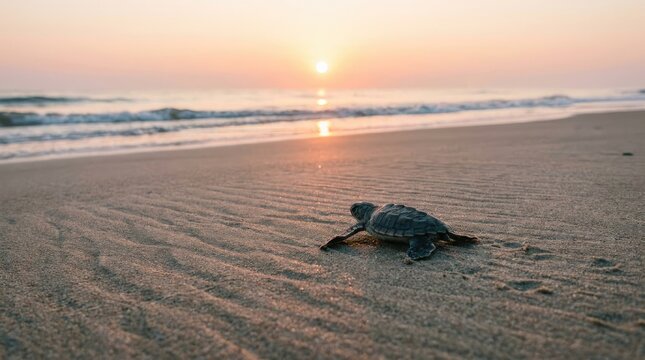 A tiny sea turtle crawls across a sandy beach towards the ocean during sunrise. The turtle moves slowly, its shell reflecting the warm colors of the sky.