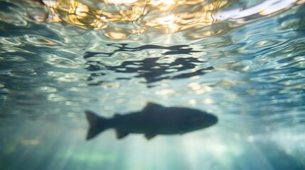 Naklejka premium A fish swims beneath the surface of clear water. Sunlight streams down from above, creating shimmering patterns on the water's surface.