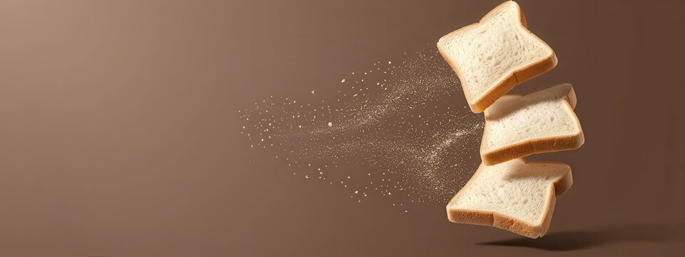 Slices of bread falling on a brown surface in a kitchen setting during daytime