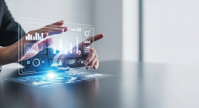 AI Productivity: Business person interacting with a futuristic holographic digital interface featuring data visualization, analytics charts, and operational dashboard for technology and corporate mana