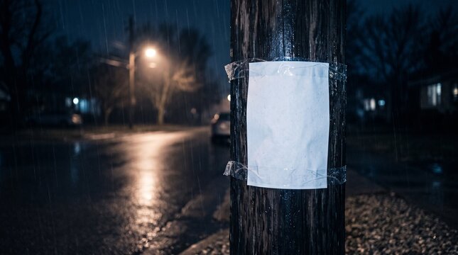 Blank white poster taped to wooden pole on a rainy street at night mockup template
