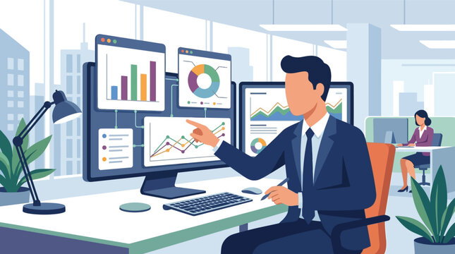 Flat vector illustration of a faceless businessman in a suit sitting at an office desk analyzing financial data charts, bar graphs, and line diagrams on multiple computer monitors.