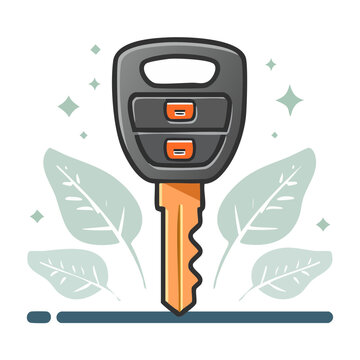 Flat design illustration of a modern car key with leaves and sparkles