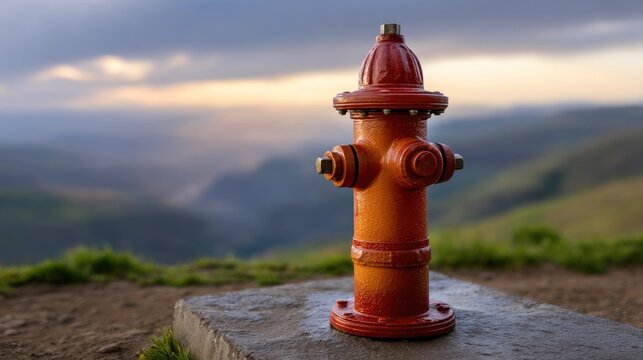 Bright orange fire hydrant on a stone base against a dramatic landscape and cloudy sky