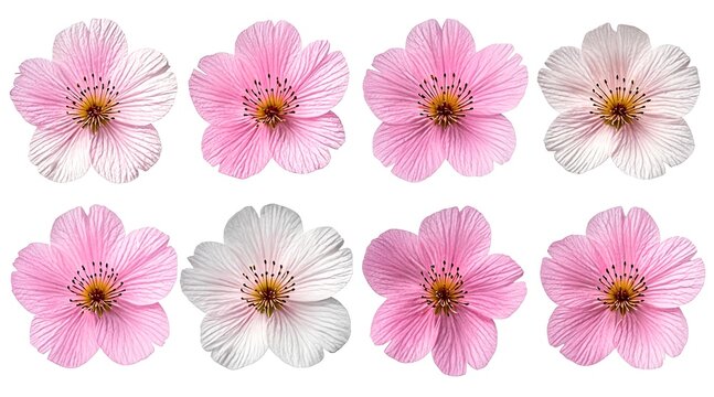 Collection of pink potentilla flowers isolated on white background