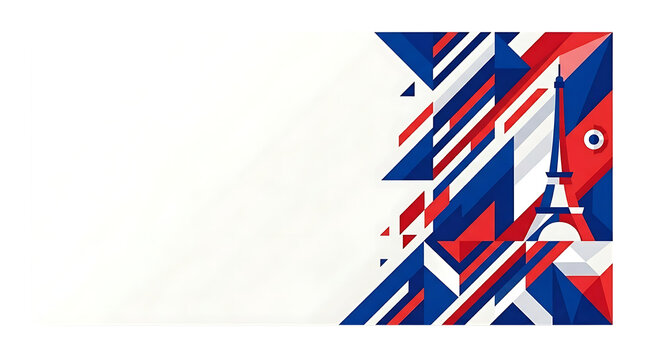 Modern geometric illustration featuring Eiffel Tower with Union Jack colors