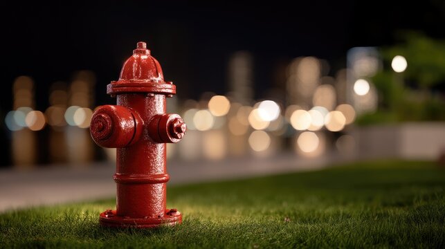 Bright Red Fire Hydrant at Night with Bokeh Background Creating a Vibrant Urban Scene