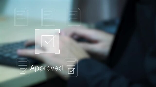 A business professional digital approval graphics, symbolizing efficient workflows, document management, and modern technology in the corporate world.