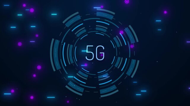 Futuristic 5G network communication technology animation, cyber digital HUD interface spinning circle background video.