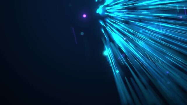 Futuristic blue digital animation, cyber vertical data stream nodes light strings background abstract digital background with a trail of light energy.