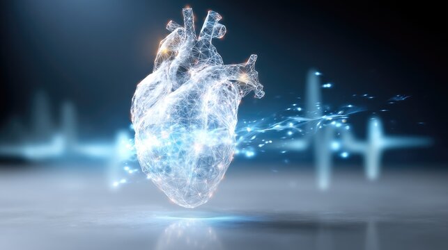 Futuristic Heart Illustration with Digital Effects and Light Burst in Abstract Conceptual Design