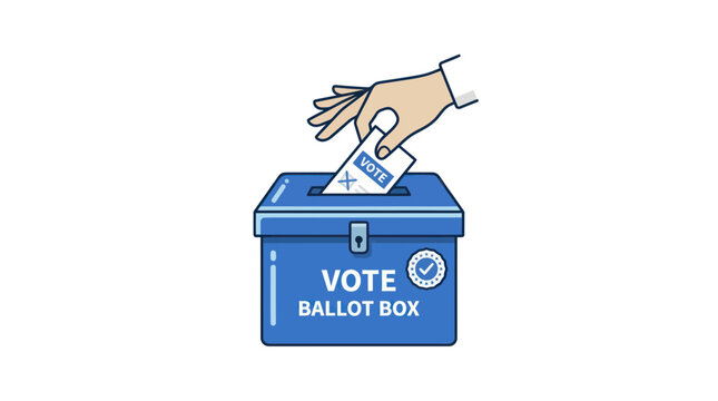 Hand casting vote into blue ballot box, election concept, voting illustration
