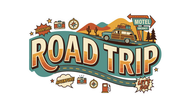 Retro Road Trip Adventure: Vintage Car, Motel Sign, Mountains, Desert Landscape