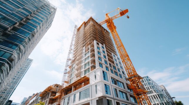 Construction of a High-Rise Building Under Clear Blue Sky with Crane and Surrounding Structures