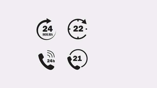 Animated 24-hour store concept clock icon and continuous open shop visual, representing non-stop business operation and round-the-clock service availability
