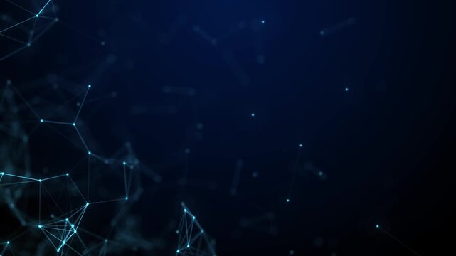Futuristic blue plexus network animation, cyber digital constellation nodes with right copy space for technology presentation.