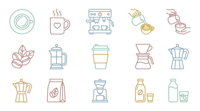 Various coffee-making tools and beverages illustrated