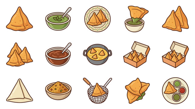 Various samosas served with dipping sauces and sides