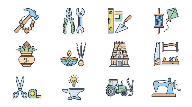 Various Tools and Crafts Illustrations in Grid Layout