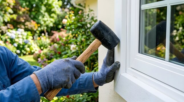 Professional Contractor Installing Trim Molding on Exterior Window Frame