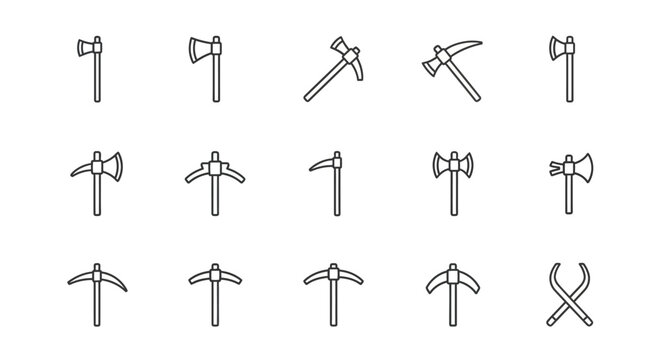 Collection of various axe and pickaxe tool illustrations on white background