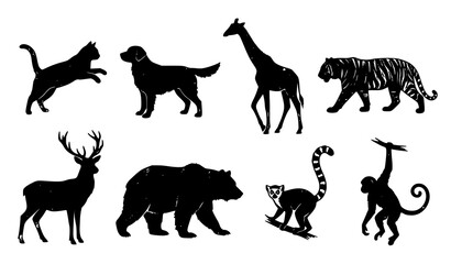 Distressed animal silhouette collection featuring cat dog tiger giraffe deer bear lemur and monkey © abdul