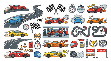 Racing Cars, Track, Flags, Pit Stop & Trophies - Dynamic Vector Illustration Set © Roni