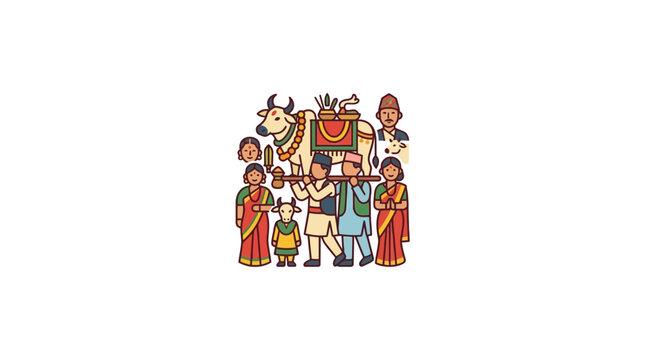 Illustration of Nepali People Celebrating Kukur Tihar and Gai Tihar Festival