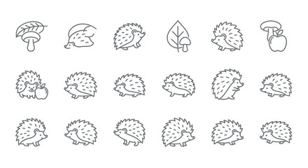 Set of linear hedgehog illustrations with leaves and mushroom elements © Kali