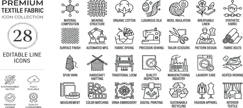 Textile and Fabric feather icon set. Editable line icons. Vector illustration.