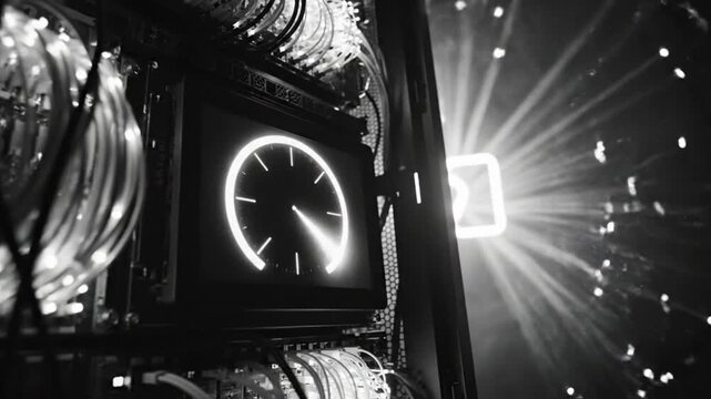 Futuristic Computer System with Glowing Clock and Energy Bursting through its Case in Black and White